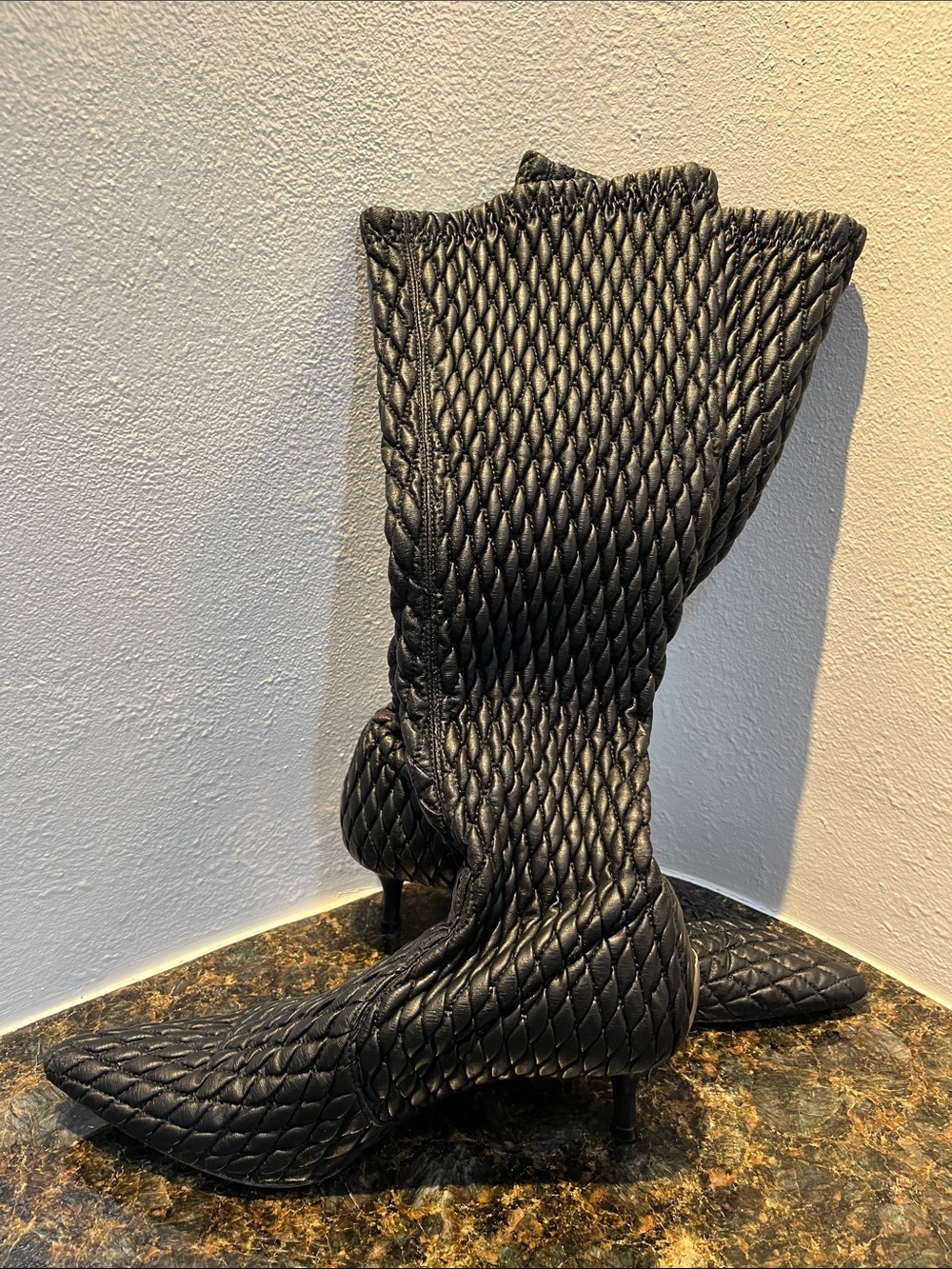 Donald J. Pliner Quilted Black Knee-High Pointed-Toe Heeled Boots